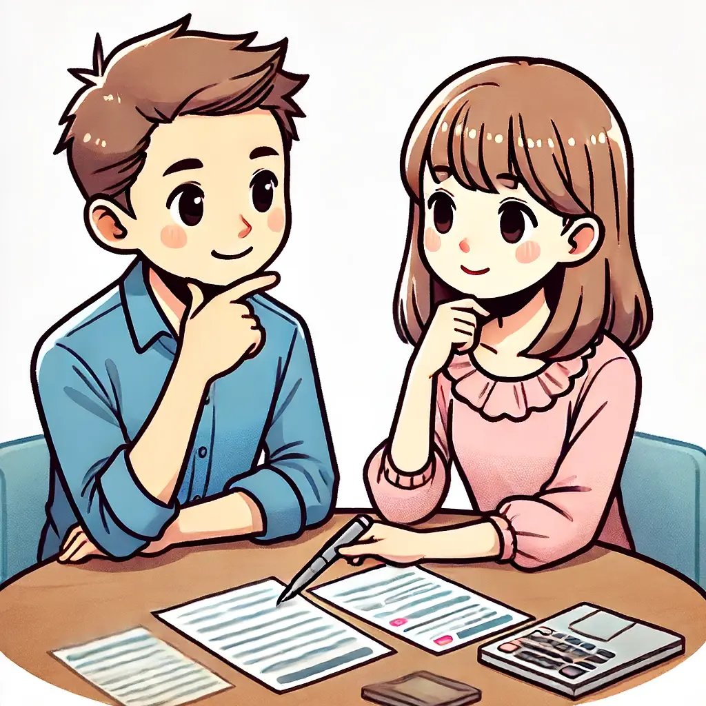 DALL·E 2024-06-13 19.19.34 - A cartoon illustration of a couple sitting together at a table, discussing finances. The man has short brown hair, is wearing a blue shirt, and has a 